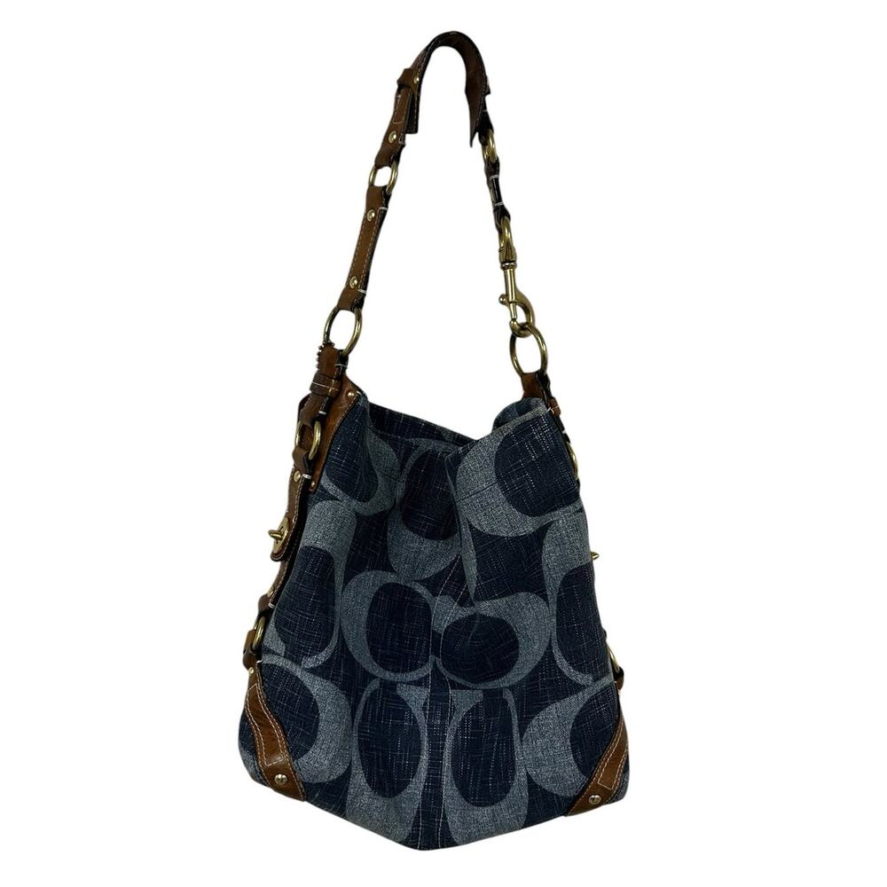 Y2K Coach Signature Print Carly Denim Hobo Brown Leather Trim Shoulder Bag - Picture 7 of 11